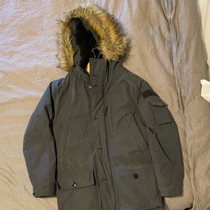 Men’s small Dark Grey J Crew parka w fur lined hood